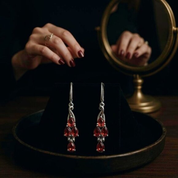 Vintage-Style ✦ Mozambique Garnet Drop Earrings ✦ 316L Stainless Steel Leverback - Picture 9 of 10